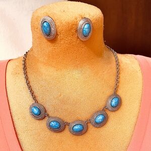 Blue Turquoise and Silver Necklace and Earring Set